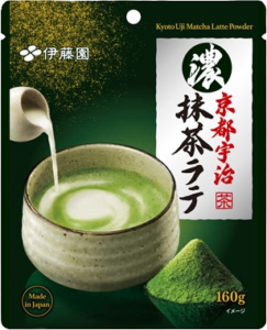 Pouch of rich Japanese matcha latte powder made with Kyoto Uji matcha