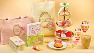 Laduree My Melody collection with tote bags, a cake tin and macaron boxes