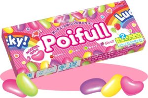 Boîte de Poifull de Meiji, gummies enrobés de sucre avec des morceaux en forme de cœur