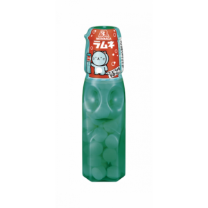 Ramune de Morinaga, pastilles dans un contenant vert en forme de bouteille