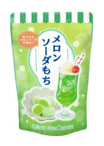 Stand-up pouch of Japanese melon soda flavoured mochi in retro packaging