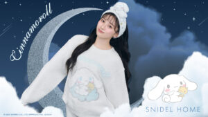 SNIDEL HOME and Cinnamoroll loungewear in pale night-sky colours with ribbons and frills