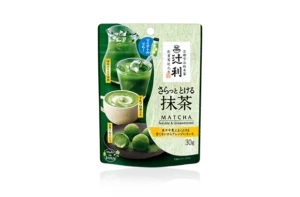 Pouch of unsweetened Japanese matcha powder made to dissolve in water or milk