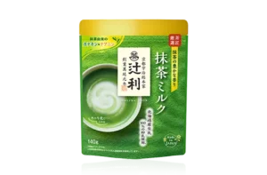 Pouch of Japanese matcha milk powder, a sweetened matcha and milk mix that dissolves in cold milk