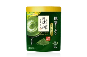 Pouch of Japanese rich-style matcha milk powder made with a higher proportion of matcha