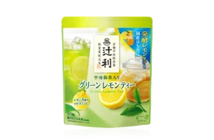 Pouch of Japanese green lemon tea powder containing Uji matcha