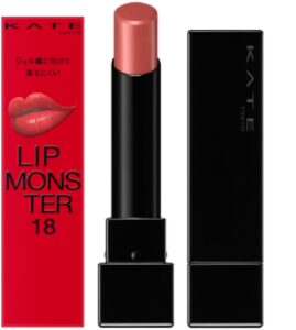 빨간 상자와 함께 놓인 18번 컬러의 케이트 Lip Monster 립스틱