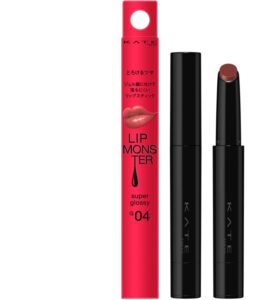 상자와 함께 놓인 G04 컬러의 케이트 Lip Monster Tsuya Burst(Super Glossy) 립스틱