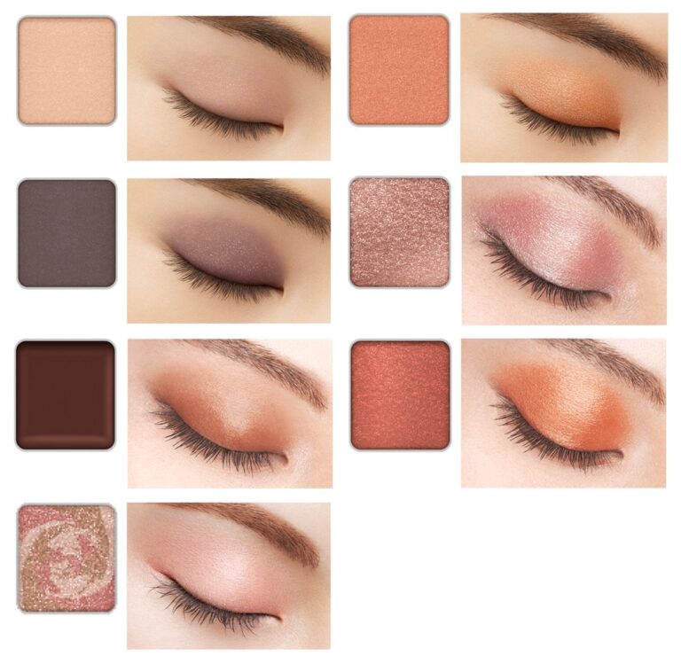 KATE The Eye Color swatches in seven textures: 072 Matte, P206 Pearl, 071 Glitter, PS407 Prism Crush, SG609 See-Through Glow, CT505 Creamy Touch and MB002 Marble Ink