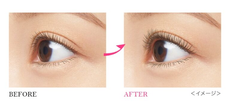 키스미 Curl Keep Mascara Base WP 사용 전후의 속눈썹을 보여 주는 히로인메이크 이미지