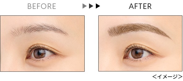 Before and after sparse brows filled in with Fake Liquid Eyebrow hair-like strokes