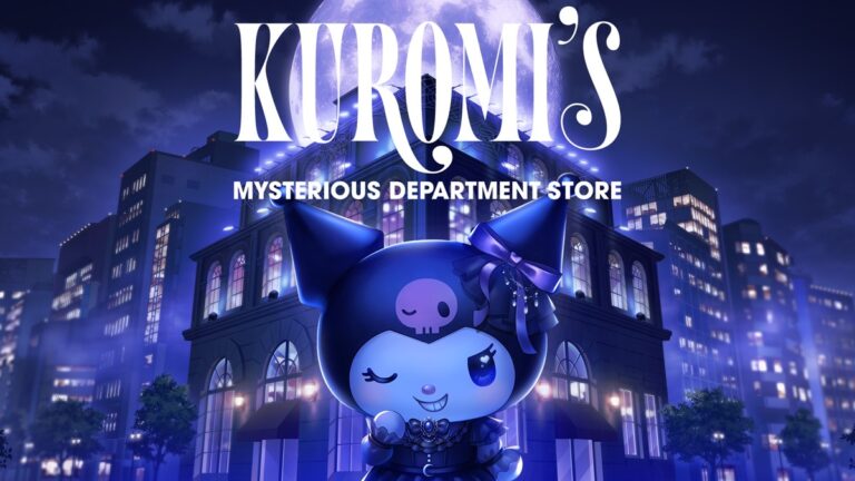 밤의 백화점 앞에 선 쿠로미가 그려진 KUROMI'S MYSTERIOUS DEPARTMENT STORE 이벤트 비주얼