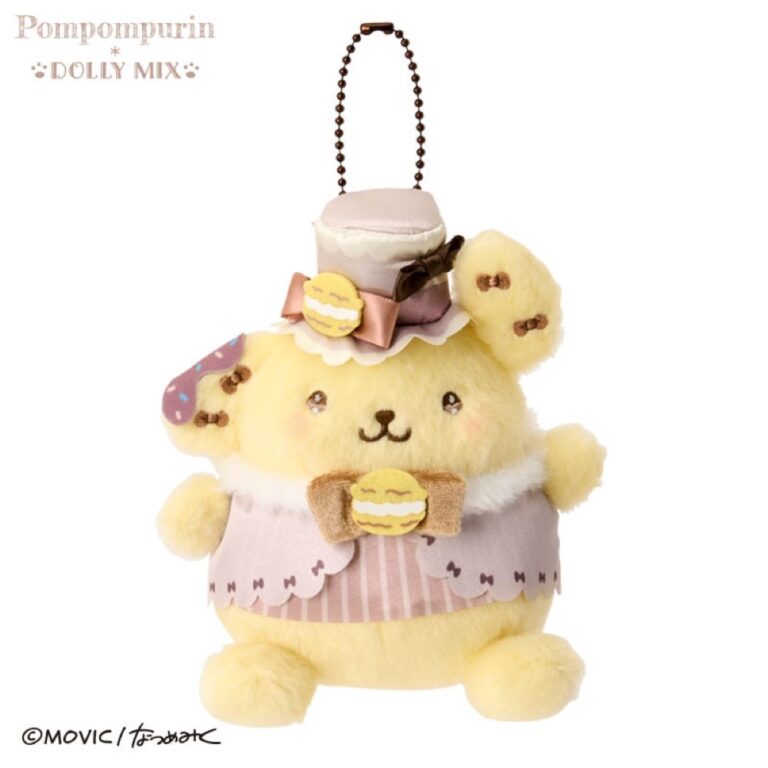 Pompompurin DOLLY MIX mascot holder, a plush Pompompurin in a pink outfit and hat decorated with macarons and ribbons