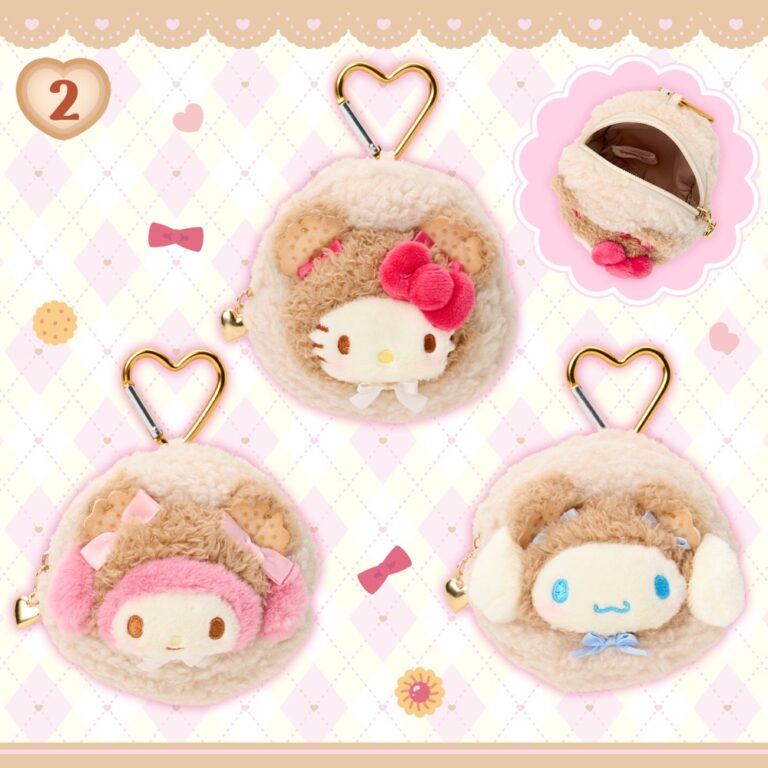 Cookie Fluffy Bear mini pouches with heart carabiners, including a Hello Kitty design