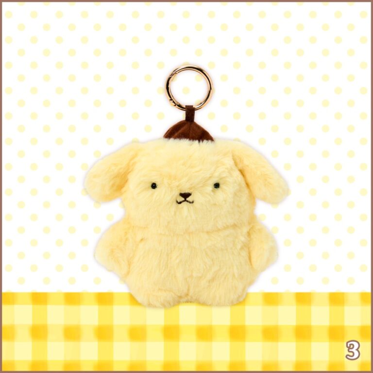 Retro-style Pompompurin mascot holder plush with a carabiner