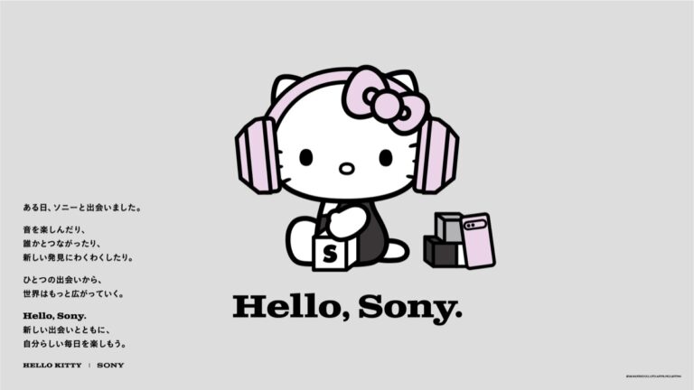 Hello Kitty wearing headphones in the Hello, Sony collaboration visual